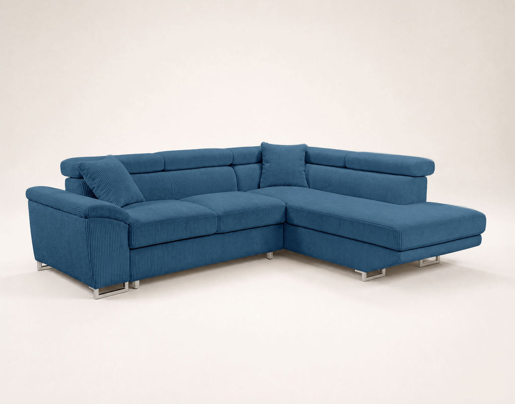 Baoji - 5-Seater Convertible Corner Sofa With Headrests And Storage - Corduroy - Blue
