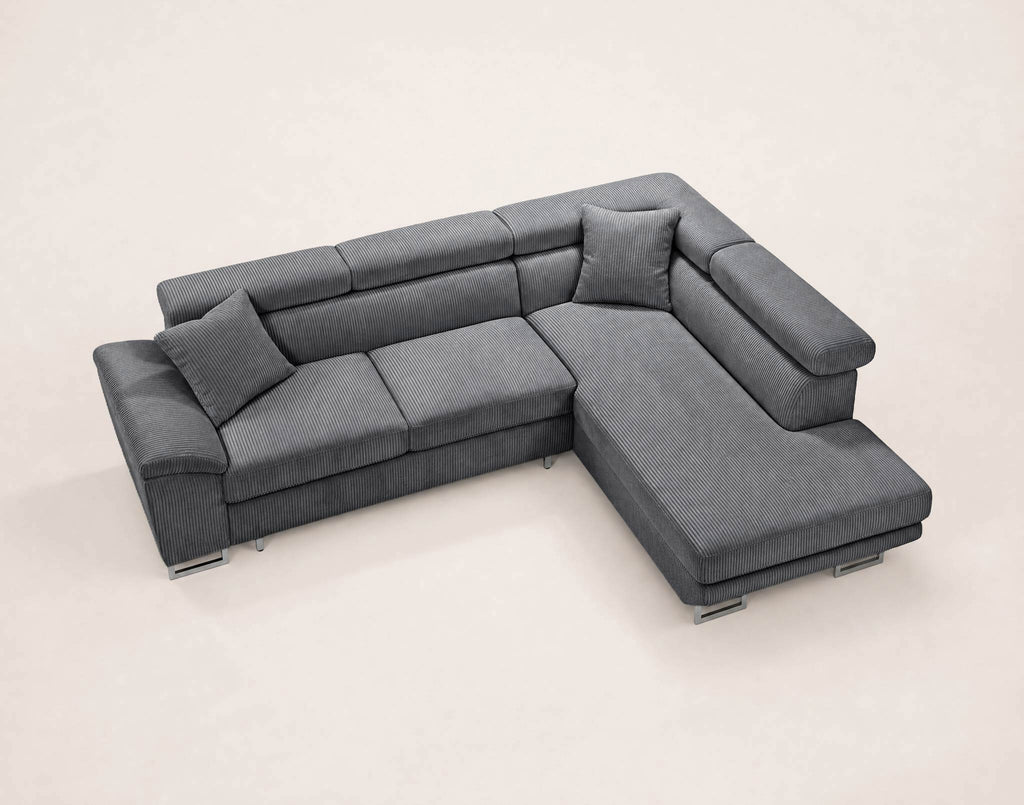 Baoji - 5-Seater Corner Sofa Bed With Headrests And Storage - Corduroy - Grey