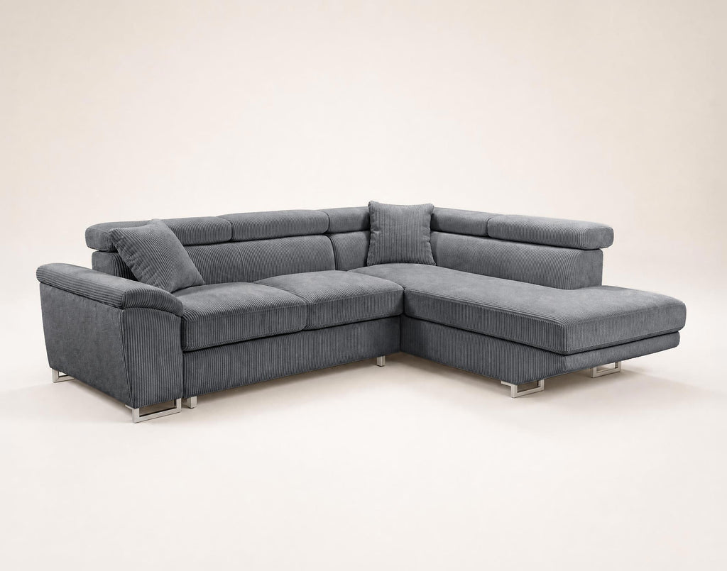 Baoji - 5-Seater Corner Sofa Bed With Headrests And Storage - Corduroy - Grey