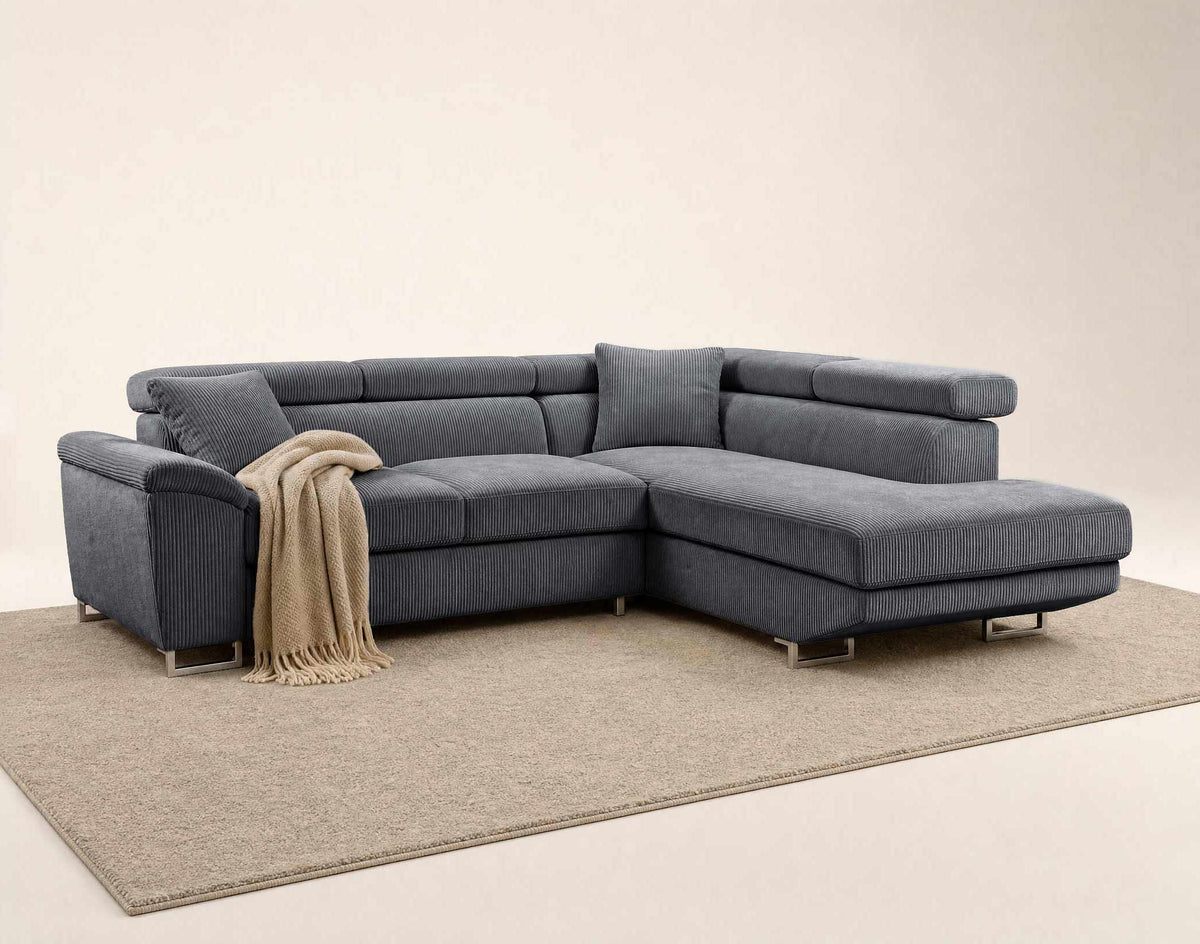 Baoji - 5-Seater Corner Sofa Bed With Headrests And Storage - Corduroy - Grey