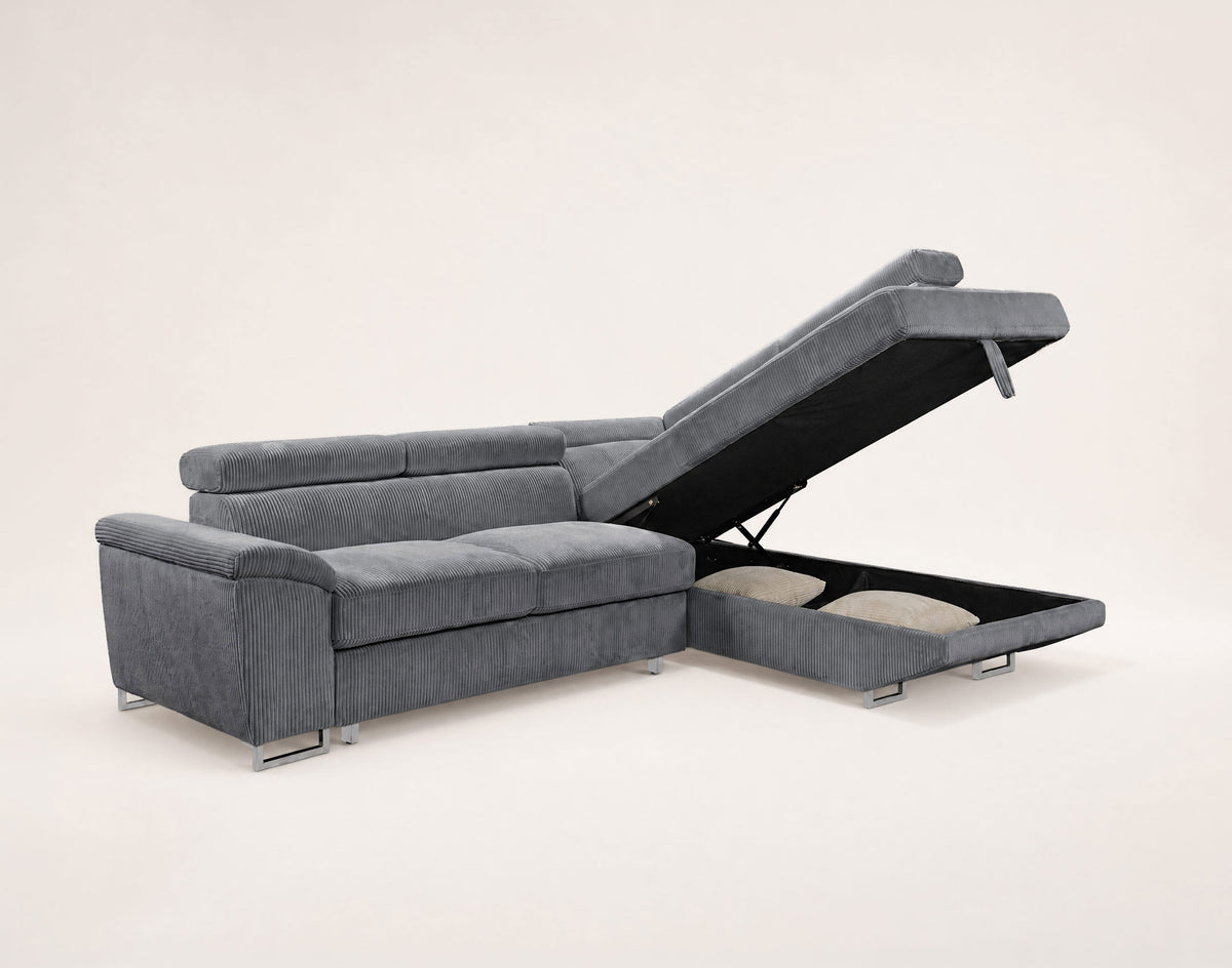 Baoji - 5-Seater Corner Sofa Bed With Headrests And Storage - Corduroy - Grey