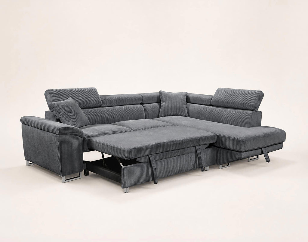 Baoji - 5-Seater Corner Sofa Bed With Headrests And Storage - Corduroy - Grey