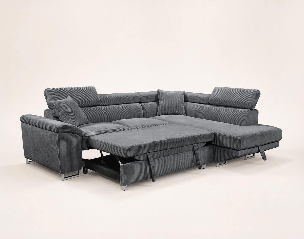Baoji - 5-Seater Corner Sofa Bed With Headrests And Storage - Corduroy - Grey