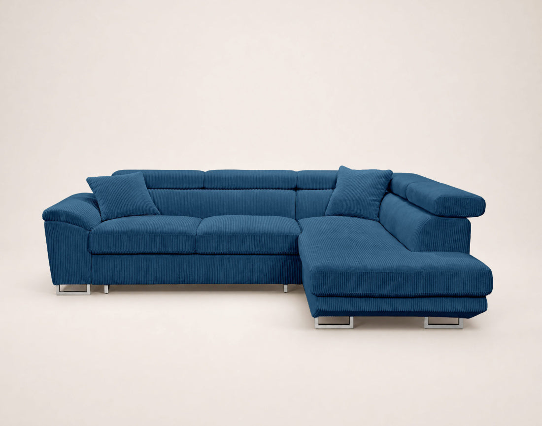 Baoji - 5-Seater Convertible Corner Sofa With Headrests And Storage - Corduroy - Blue