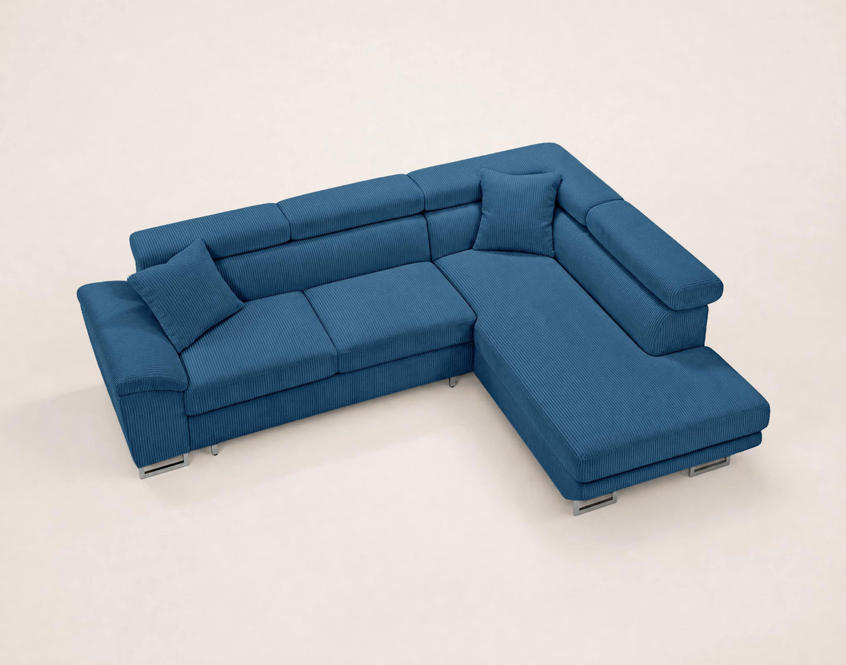 Baoji - 5-Seater Convertible Corner Sofa With Headrests And Storage - Corduroy - Blue