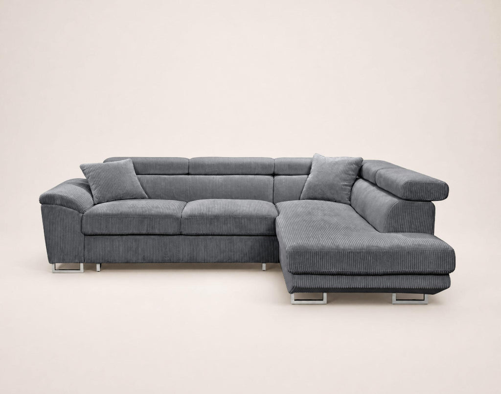 Baoji - 5-Seater Corner Sofa Bed With Headrests And Storage - Corduroy - Grey