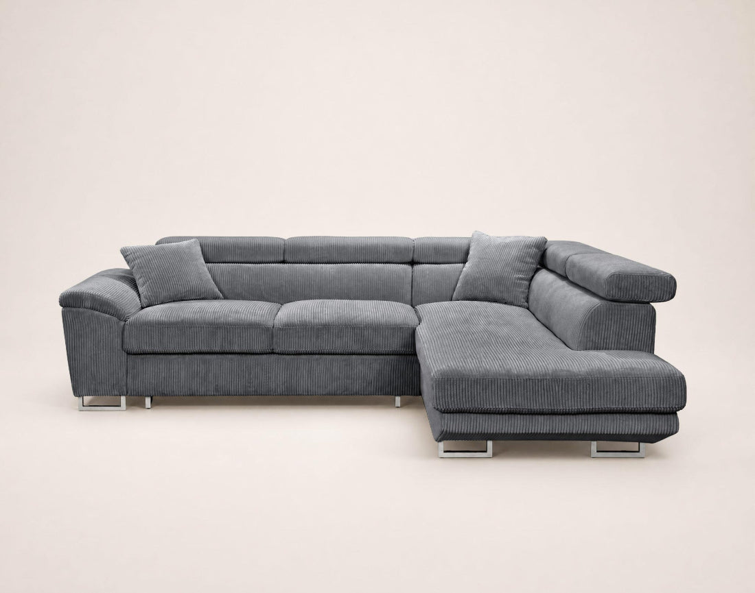 Baoji - 5-Seater Corner Sofa Bed With Headrests And Storage - Corduroy - Grey