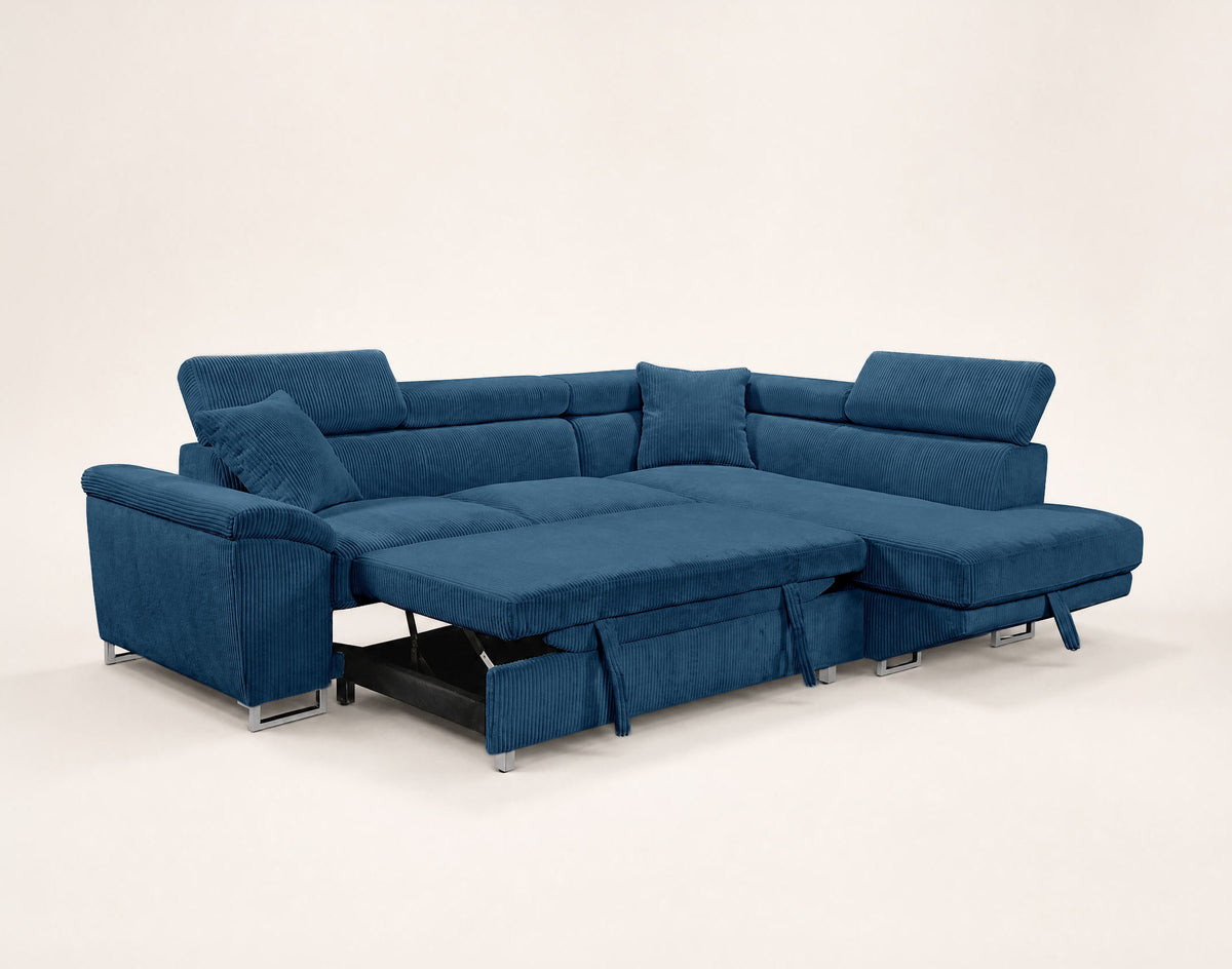 Baoji - 5-Seater Convertible Corner Sofa With Headrests And Storage - Corduroy - Blue