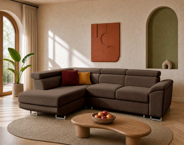 Baoji - 5-Seater Corner Sofa Bed with Headrests and Storage - Corduroy - Brown