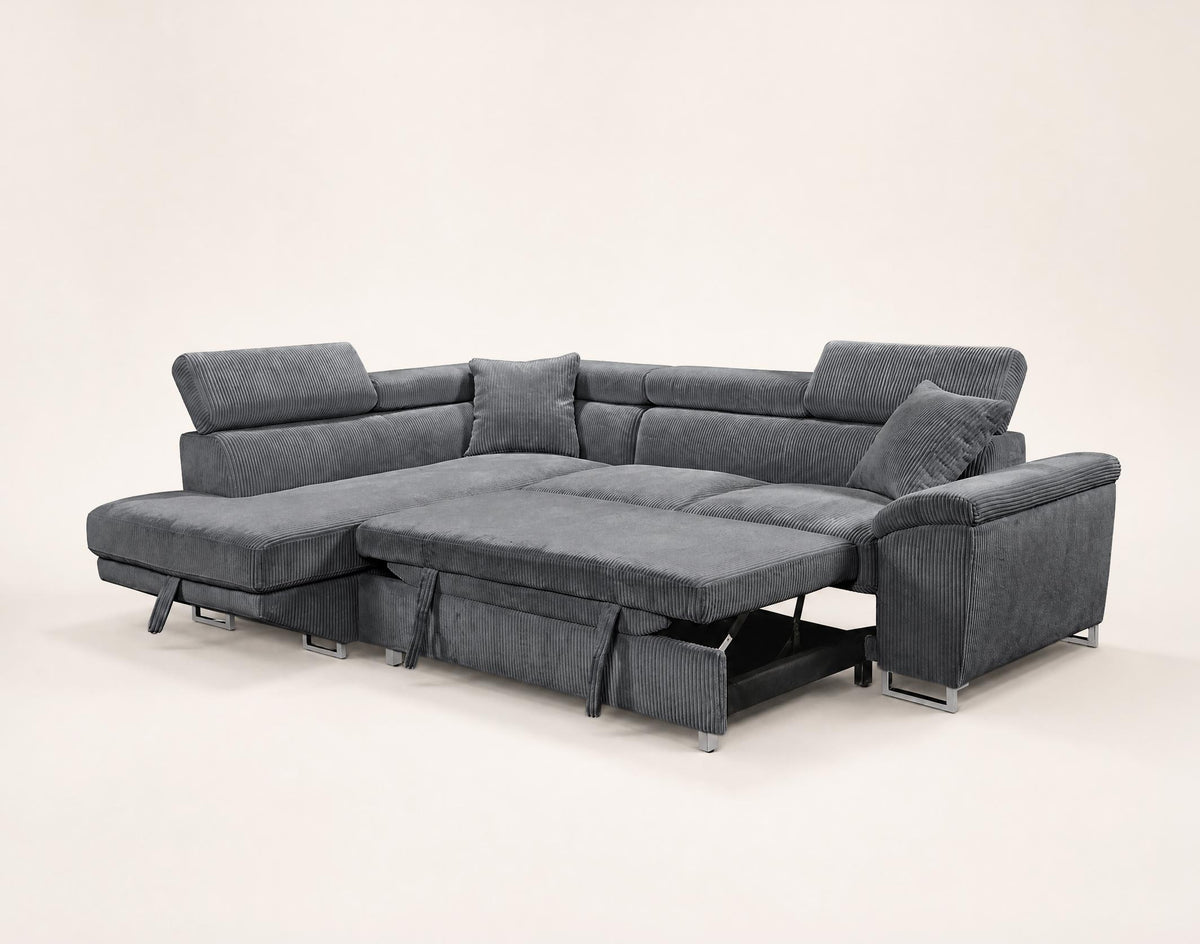 Baoji - 5-Seater Corner Sofa Bed With Headrests And Storage - Corduroy - Grey
