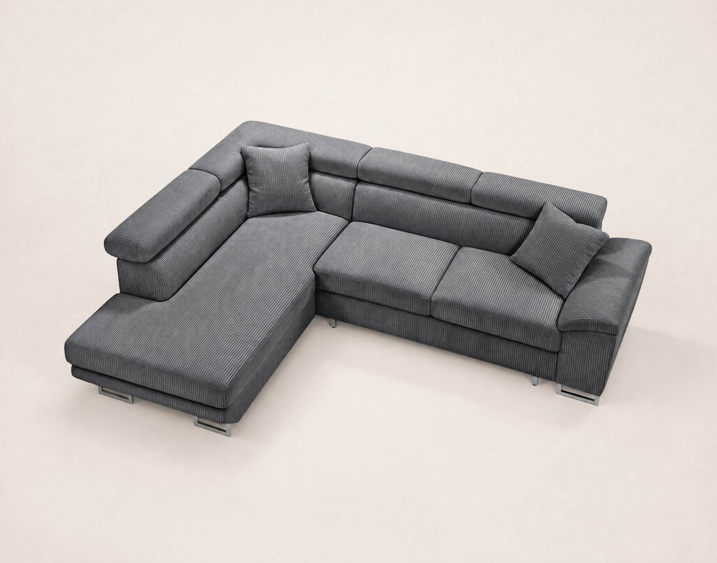 Baoji - 5-Seater Corner Sofa Bed With Headrests And Storage - Corduroy - Grey