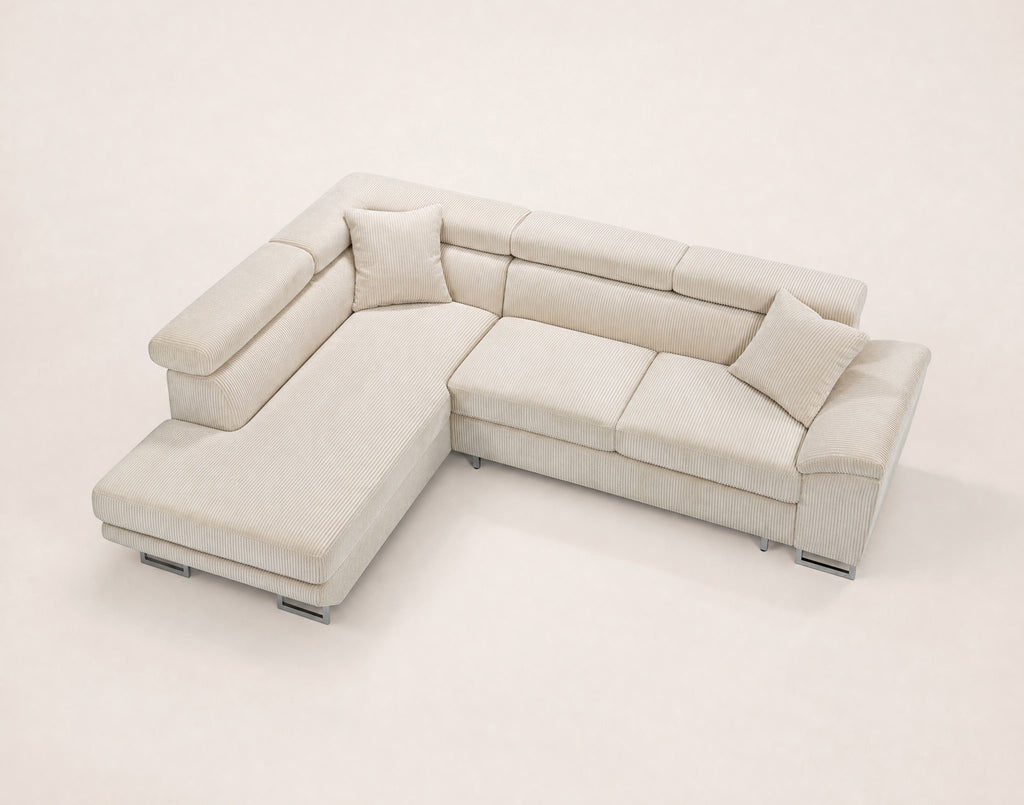 Baoji - Sofá Rinconero 5 Plazas Convertible Con Reposacabezas Y Arcón - Pana - Beige