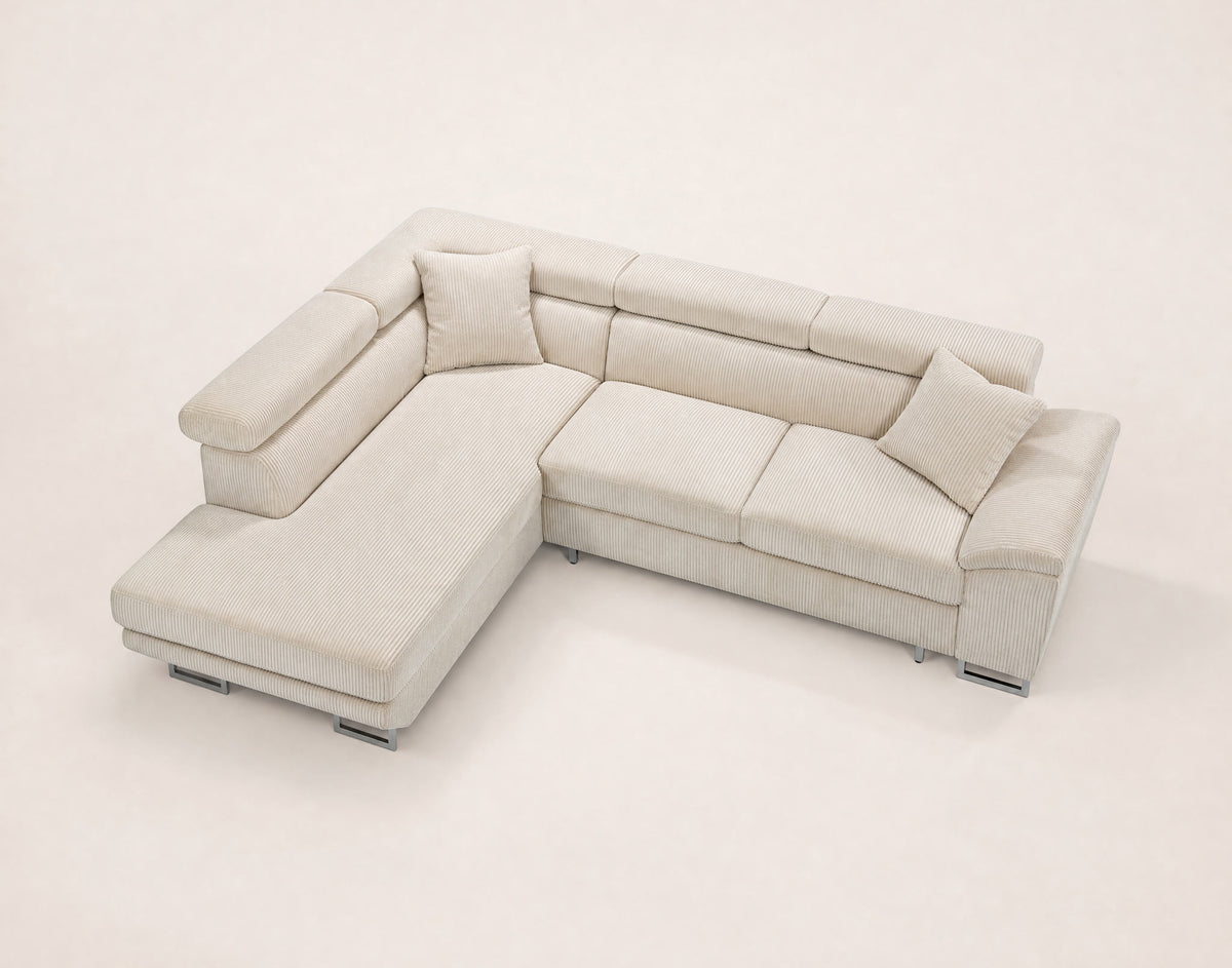 Baoji - Sofá Rinconero 5 Plazas Convertible Con Reposacabezas Y Arcón - Pana - Beige