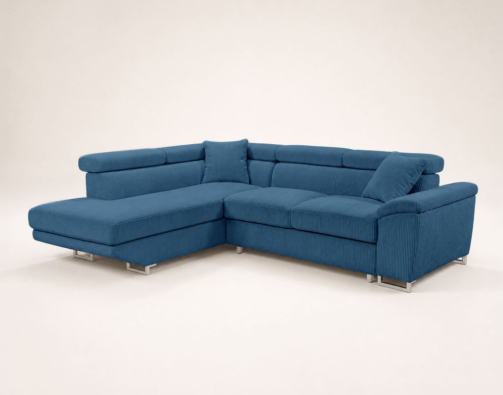 Baoji - 5-Seater Convertible Corner Sofa With Headrests And Storage - Corduroy - Blue