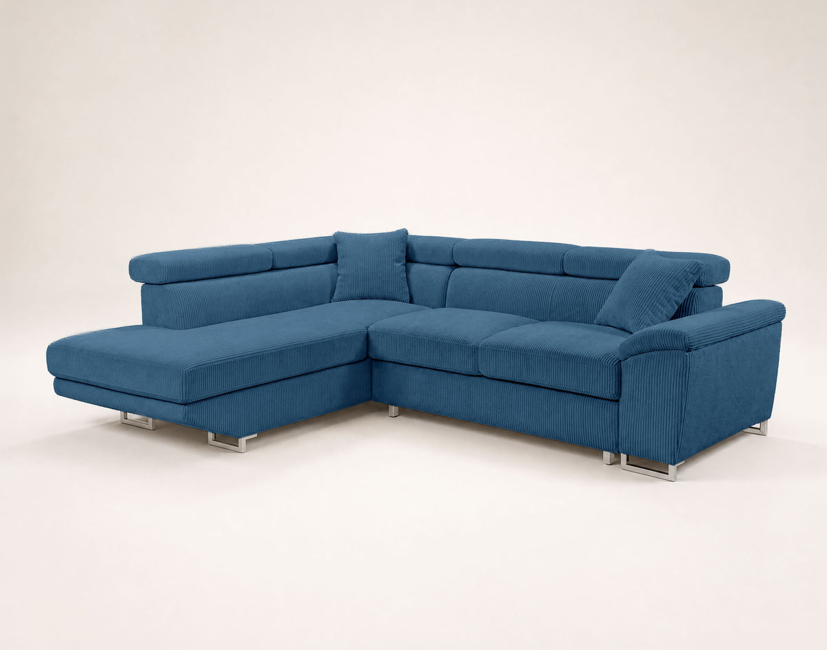 Baoji - 5-Seater Convertible Corner Sofa With Headrests And Storage - Corduroy - Blue