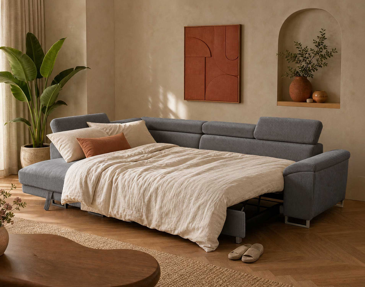 Baoji - 5-Seater Corner Sofa Bed With Headrests And Storage - Corduroy - Grey