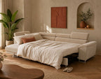 Baoji - Sofá Rinconero 5 Plazas Convertible Con Reposacabezas Y Arcón - Pana - Beige