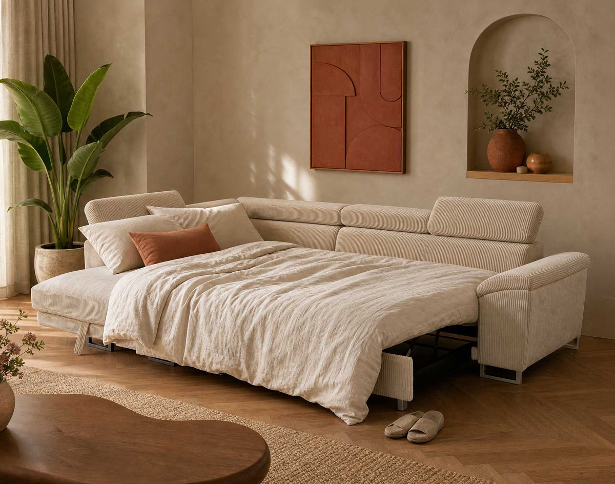 Baoji - Sofá Rinconero 5 Plazas Convertible Con Reposacabezas Y Arcón - Pana - Beige