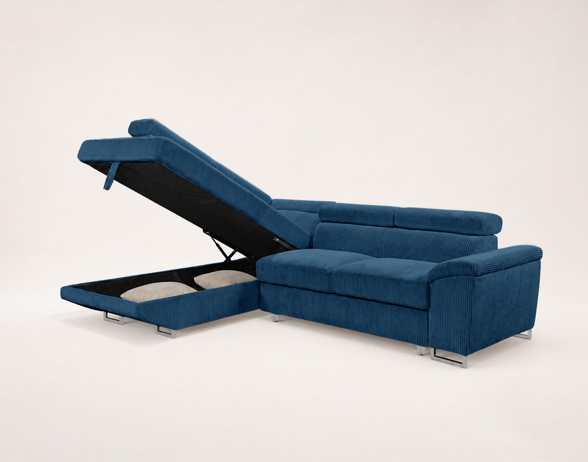 Baoji - 5-Seater Convertible Corner Sofa With Headrests And Storage - Corduroy - Blue