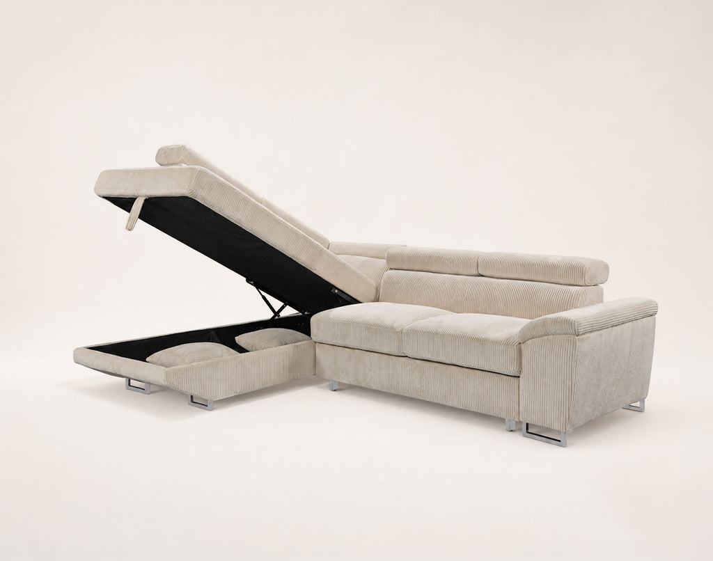 Baoji - Sofá Rinconero 5 Plazas Convertible Con Reposacabezas Y Arcón - Pana - Beige