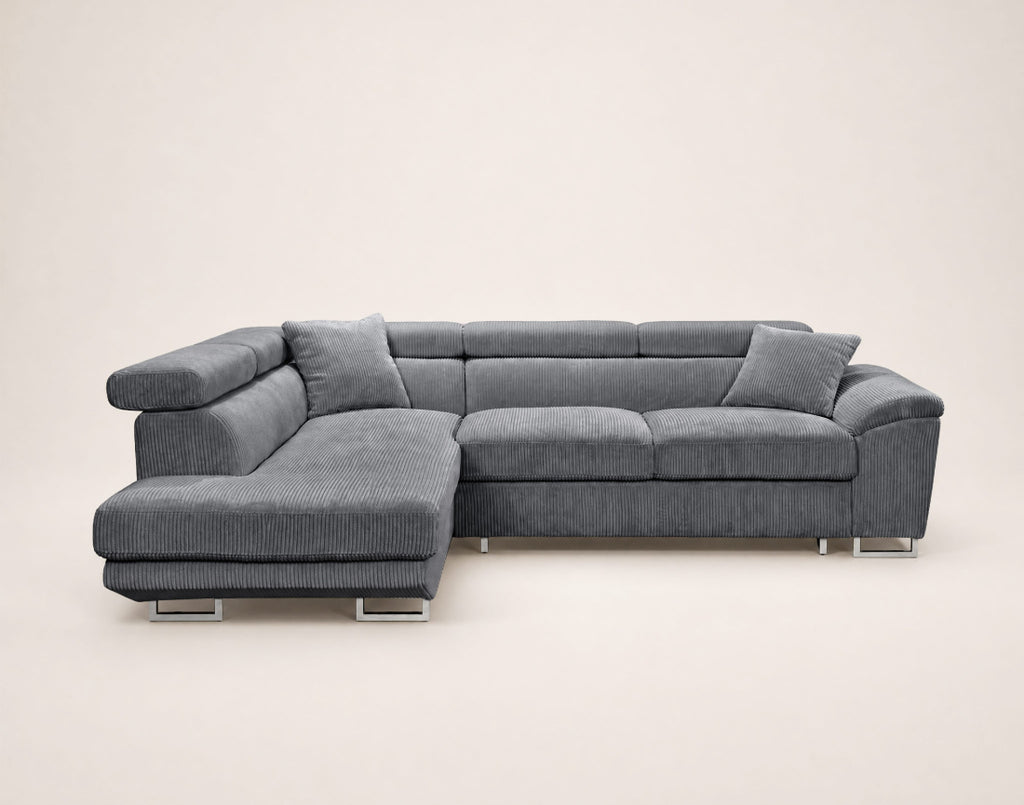 Baoji - 5-Seater Corner Sofa Bed With Headrests And Storage - Corduroy - Grey