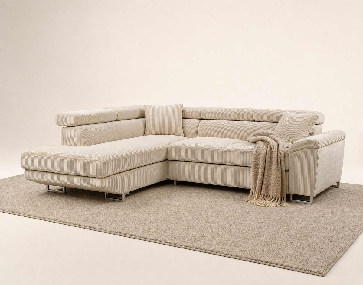 Baoji - Sofá Rinconero 5 Plazas Convertible Con Reposacabezas Y Arcón - Pana - Beige