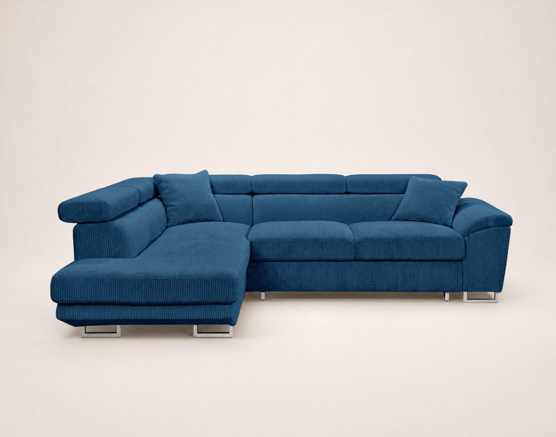 Baoji - 5-Seater Convertible Corner Sofa With Headrests And Storage - Corduroy - Blue