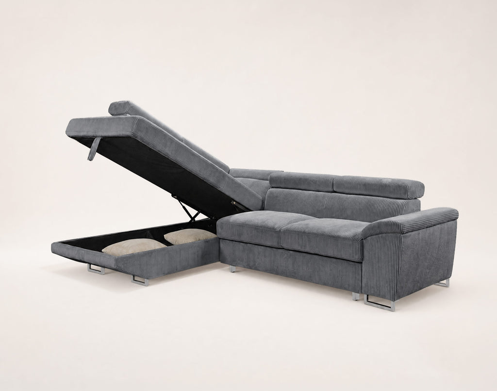 Baoji - 5-Seater Corner Sofa Bed With Headrests And Storage - Corduroy - Grey