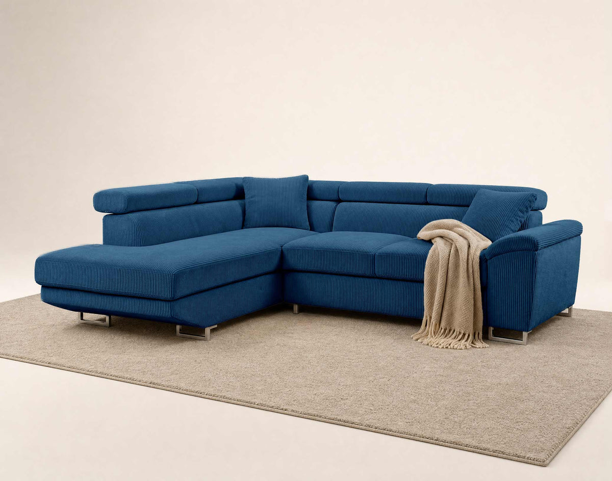 Baoji - 5-Seater Convertible Corner Sofa With Headrests And Storage - Corduroy - Blue