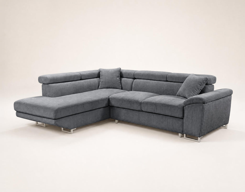 Baoji - 5-Seater Corner Sofa Bed With Headrests And Storage - Corduroy - Grey