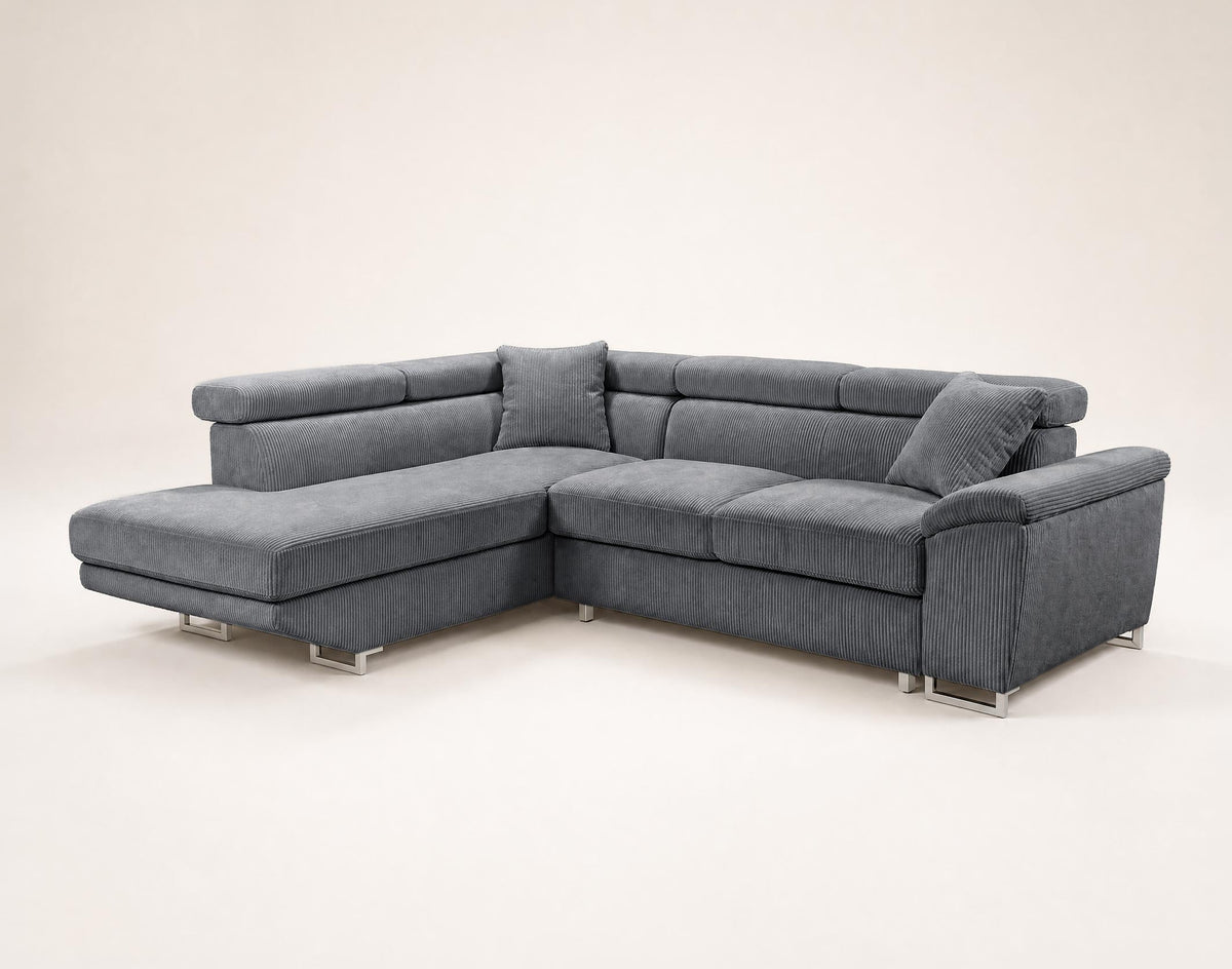 Baoji - 5-Seater Corner Sofa Bed With Headrests And Storage - Corduroy - Grey