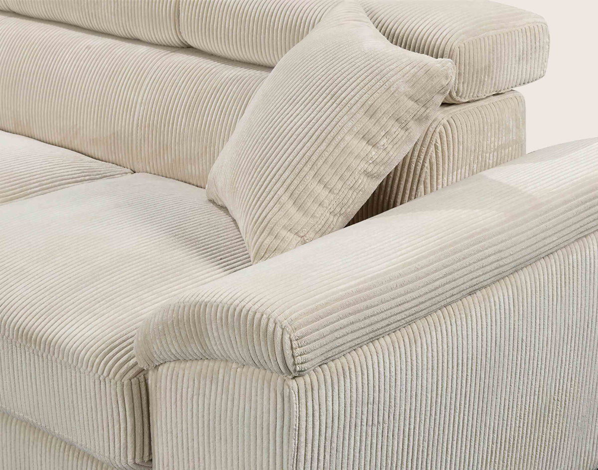 Baoji - Sofá Rinconero 5 Plazas Convertible Con Reposacabezas Y Arcón - Pana - Beige