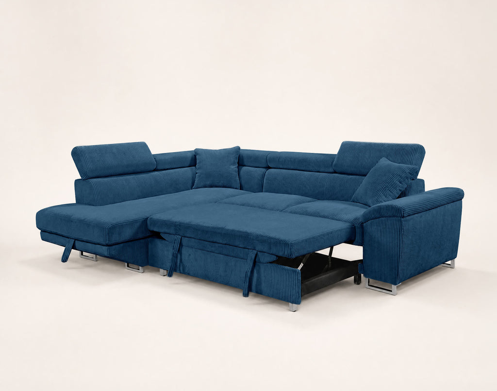 Baoji - 5-Seater Convertible Corner Sofa With Headrests And Storage - Corduroy - Blue