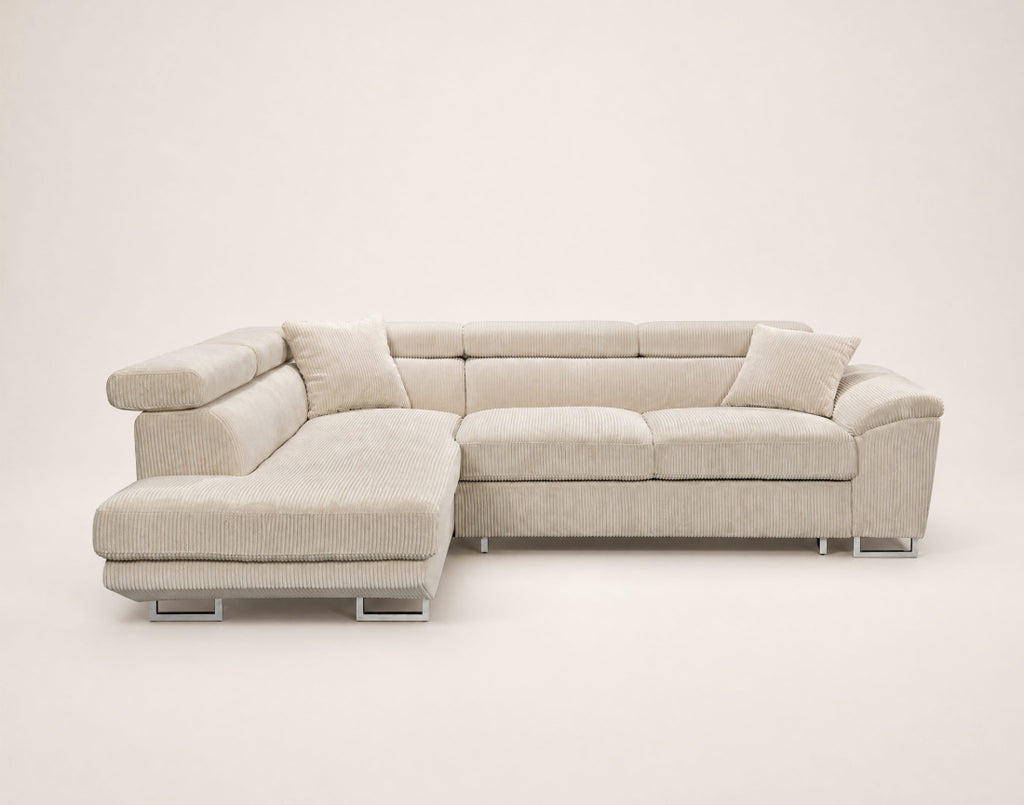Baoji - Sofá Rinconero 5 Plazas Convertible Con Reposacabezas Y Arcón - Pana - Beige