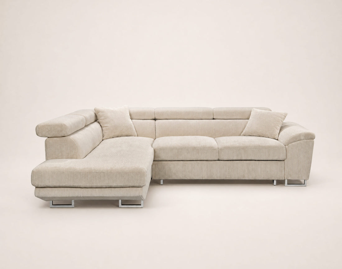 Baoji - Sofá Rinconero 5 Plazas Convertible Con Reposacabezas Y Arcón - Pana - Beige