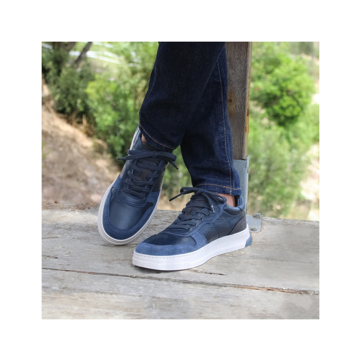 Baskets Léo Cuir Bleu - Homme