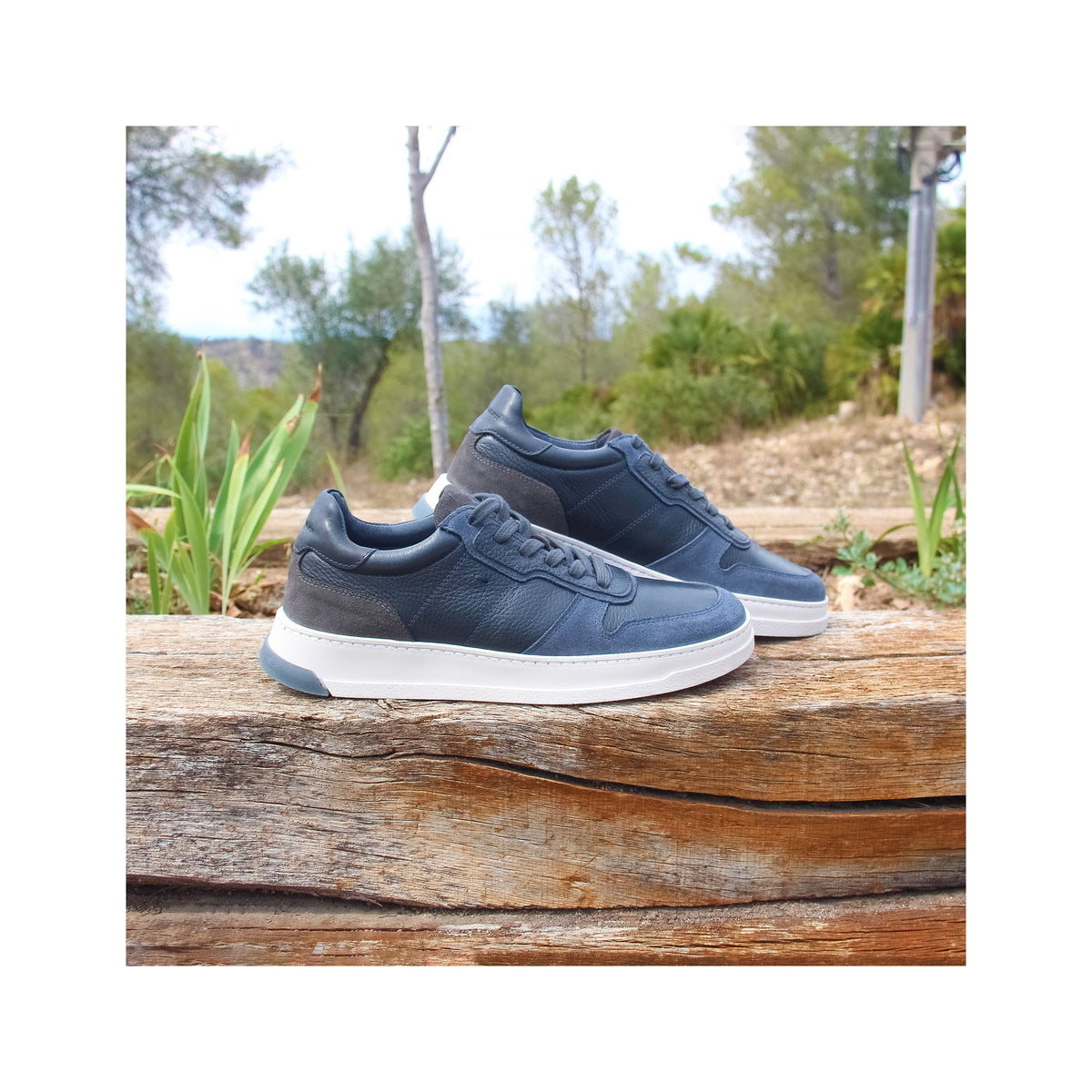 Baskets Léo Cuir Bleu - Homme
