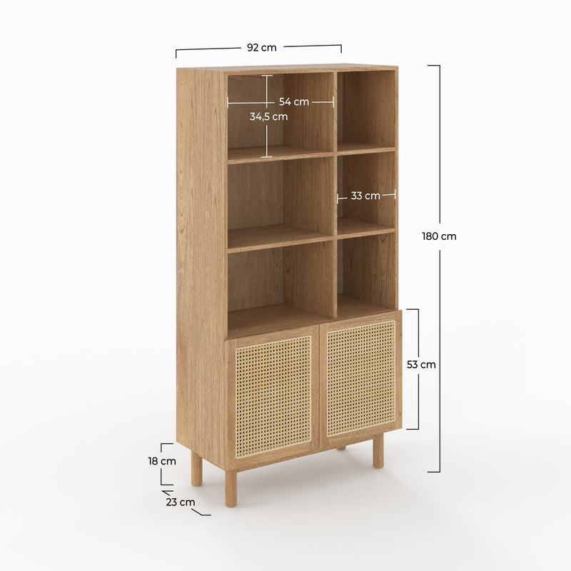 Bibliothèque Delya en bois massif de mindi et rotin