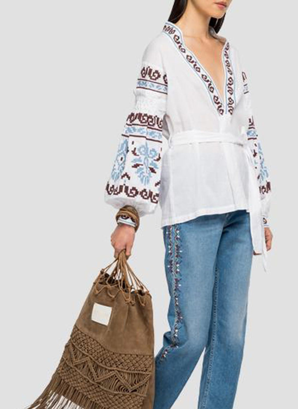 Replay - Blusa Abierta Bordado Jacquard - White - Mujer