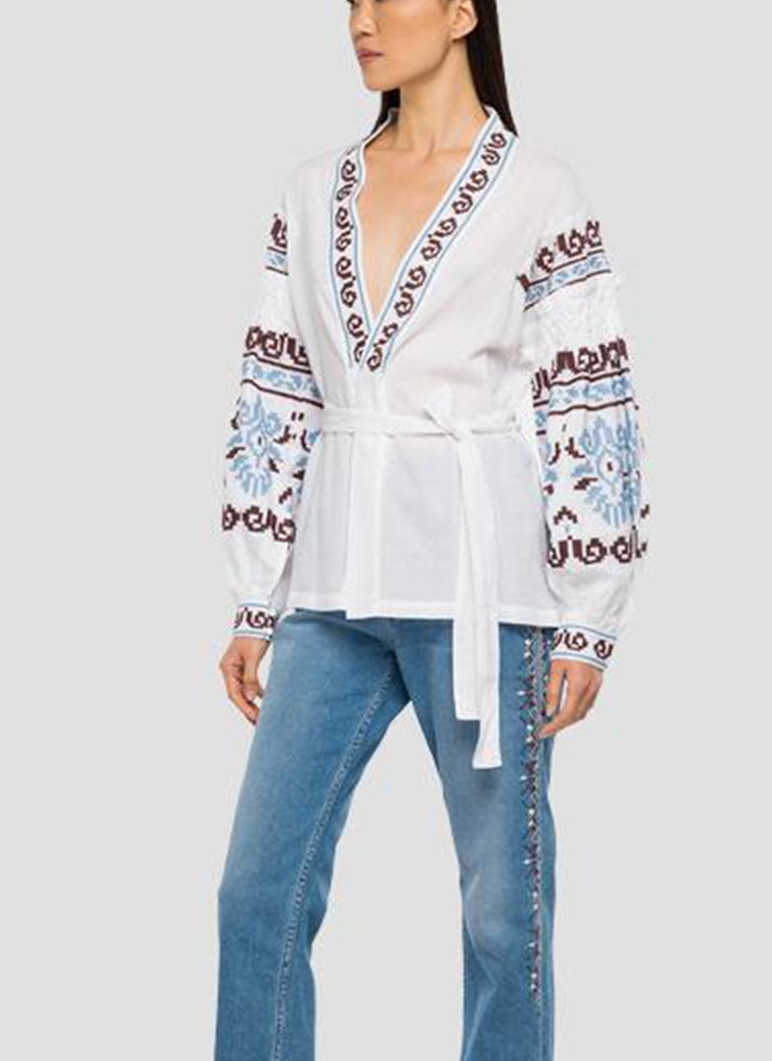 Replay - Blusa Abierta Bordado Jacquard - White - Mujer