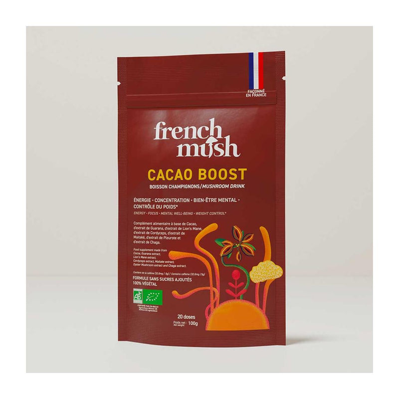 French Mush compléments alimentaires à base d'extraits de champignons médicinaux biologiques fabriqués en France Boisson Boost Bio · Cacao - boisson -
