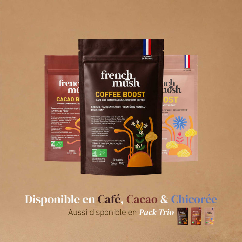 French Mush compléments alimentaires à base d'extraits de champignons médicinaux biologiques fabriqués en France Boisson Boost Bio · Café - boisson -