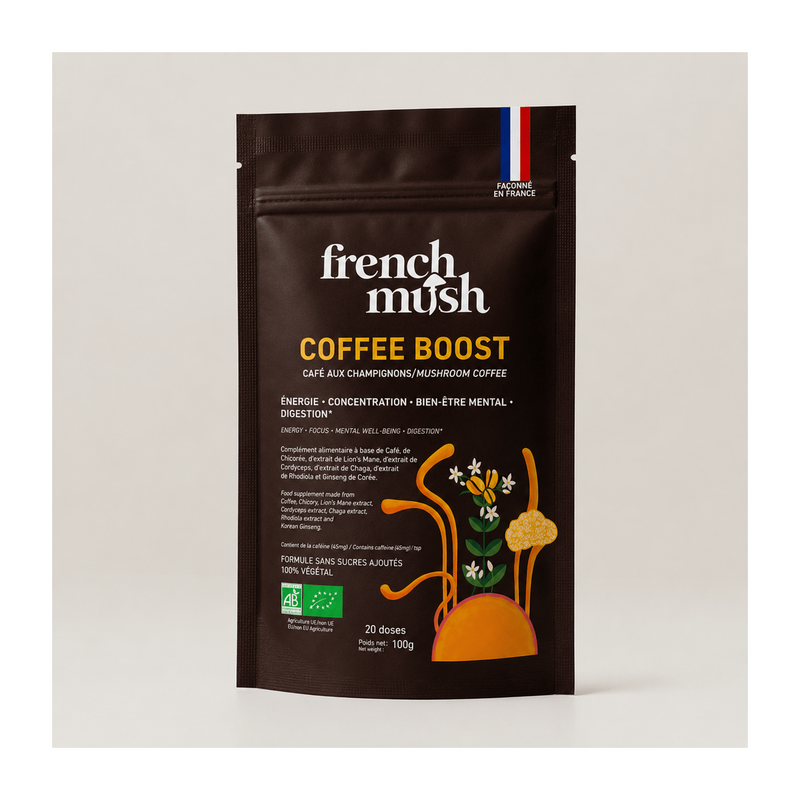 French Mush compléments alimentaires à base d'extraits de champignons médicinaux biologiques fabriqués en France Boisson Boost Bio · Café - boisson -