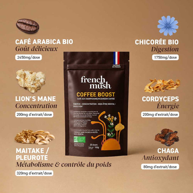 French Mush compléments alimentaires à base d'extraits de champignons médicinaux biologiques fabriqués en France Boisson Boost Bio · Café - boisson -