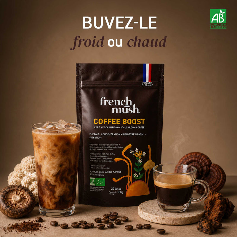 French Mush compléments alimentaires à base d'extraits de champignons médicinaux biologiques fabriqués en France Boisson Boost Bio · Café - boisson -
