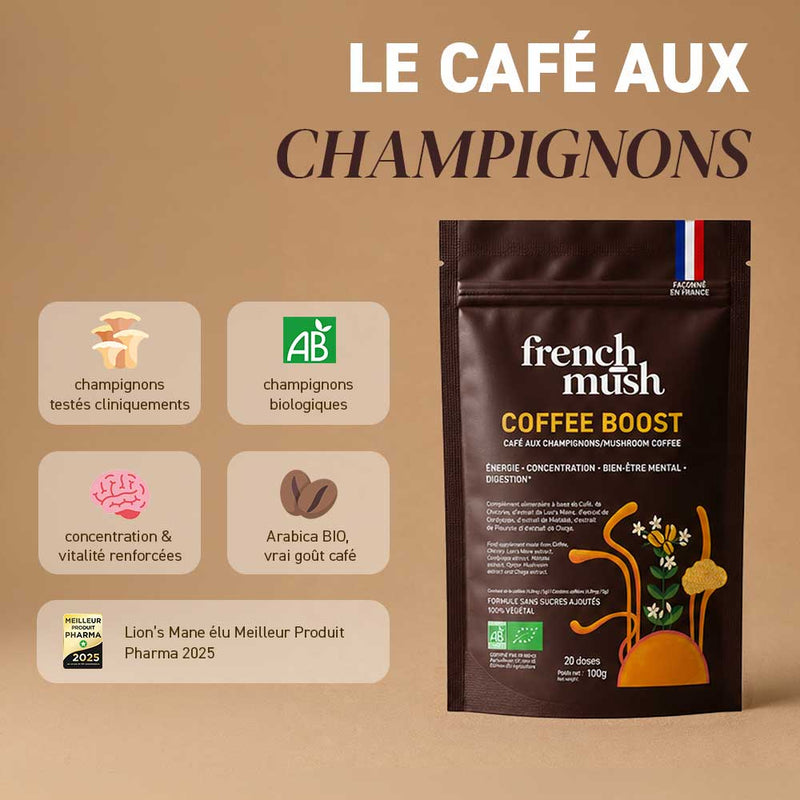 French Mush compléments alimentaires à base d'extraits de champignons médicinaux biologiques fabriqués en France Boisson Boost Bio · Café - boisson -