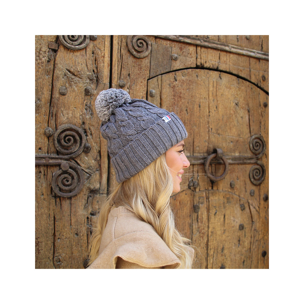 Bonnet Pompon Laine Gris - Femme