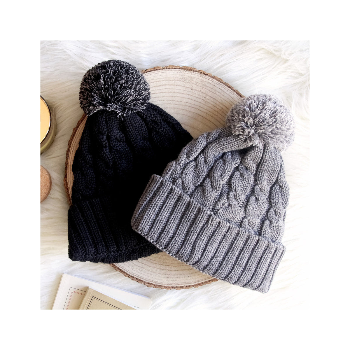 Bonnet Pompon Laine Gris - Femme
