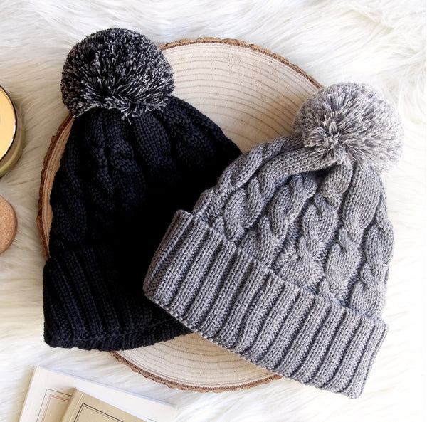 Muts met pompon van wol grijs - Dames