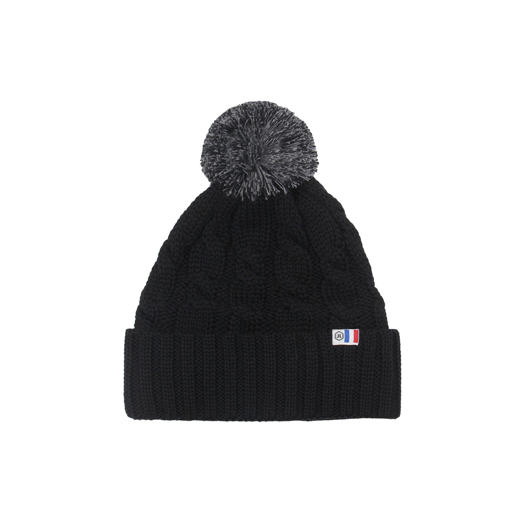 Bonnet Pompon Laine Noir Gris - Femme